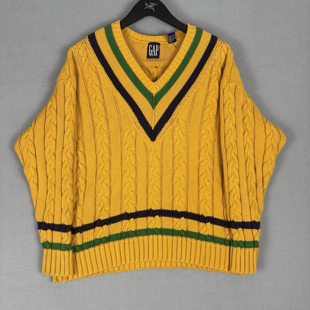 Vintage Gap V-Neck Cable Knit Sweatshirt Yellow Women's XL 90s Preppy Utility